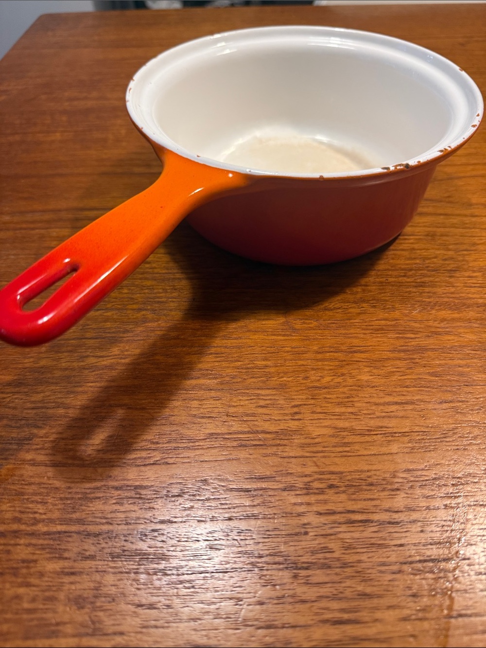 Vintage Casron Japan Orange Enamel Saucepan with White Interior